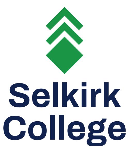 Selkirk College in blue letters with a green square and two green lines pointing up